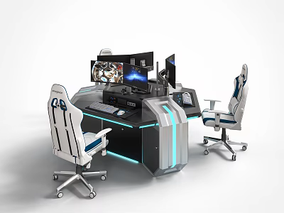 Modern Functional Desk With Multiple Monitors Ergonomic Chairs And Blue LED Lights 3d model