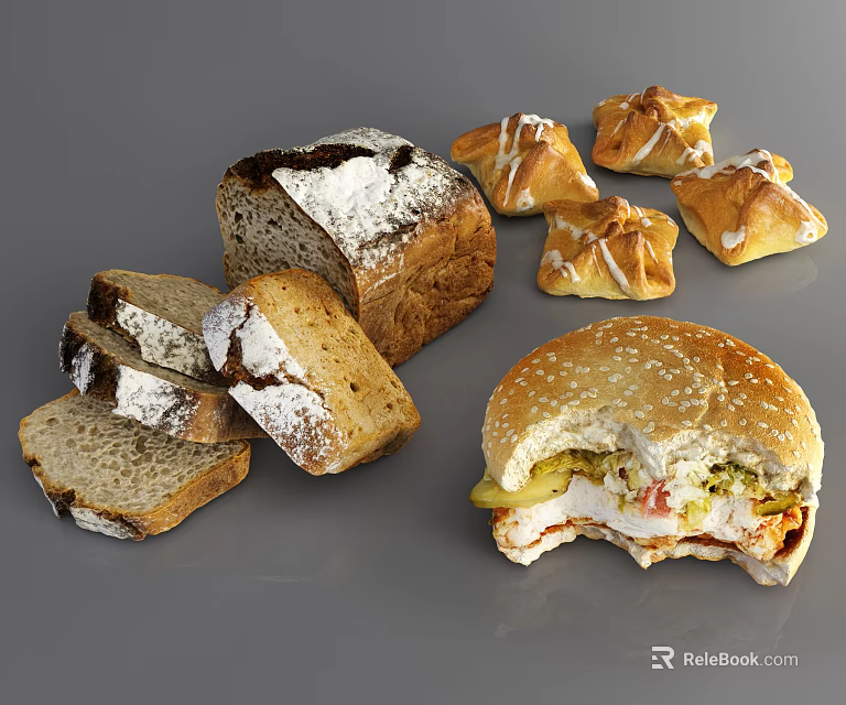 Fresh Rustic Bread Sliced Pastries And Savory Hamburger With Fillings 3d model 