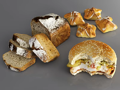 Fresh Rustic Bread Sliced Pastries And Savory Hamburger With Fillings 3d model