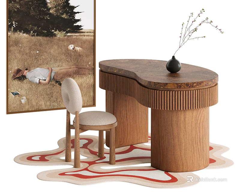 Modern Wooden Desk Interior With Curved Top Accent Chair And Vase Decor 3d model 