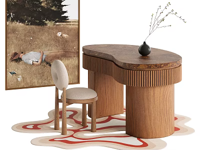 Modern Wooden Desk Interior With Curved Top Accent Chair And Vase Decor 3d model