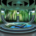 Modern Interior Space With Circular Structure Green Plant Backdrop And Central Water Feature 3d model