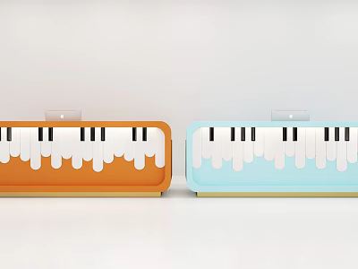 Orange And Blue Reception Desks With Piano Key Pattern And White Dripping Design 3d model