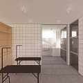 Modern Mall Store Interior With White Tiled Walls Sinks Cart Door And Steps