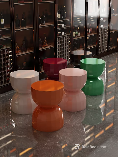 Colorful Round Coffee Tables In Modern Interior With Marble Floor And Display Cabinets 3d model 