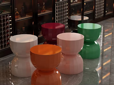 Colorful Round Coffee Tables In Modern Interior With Marble Floor And Display Cabinets 3d model