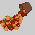 Garden Decor Featuring Brown Bucket Spilling Strawberries Oranges And Green Leaves