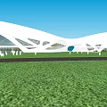 Unique Modern White Curved Architectural Structure In Green Grass Field With Blue Sky