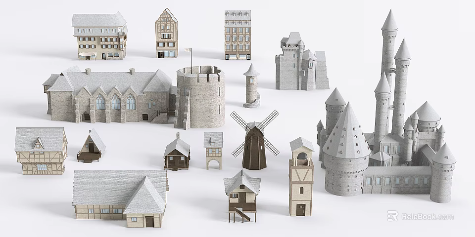 Various Styles Of Ancient Architecture Featuring Castle Church Windmill And Traditional Houses 3d model 
