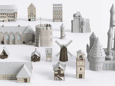 Various Styles Of Ancient Architecture Featuring Castle Church Windmill And Traditional Houses 3d model