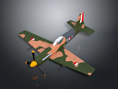 Camouflage Aircraft Model with Yellow Propeller and Red White Tail Fin for Space Exploration 3d model