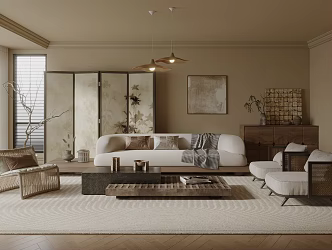 Home Living Room Fabric Sofa Coffee Table Combination Solid Wood Coffee Table Vase Green Planting Leisure Chair Decorative Painting Decorative Cabinet Screen Partition 3d model