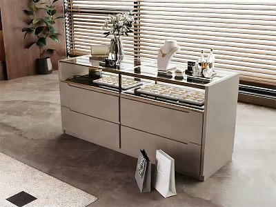 Elegant Modern Jewelry Cabinet With Glass Top Drawers And Decorative Accessories 3d model