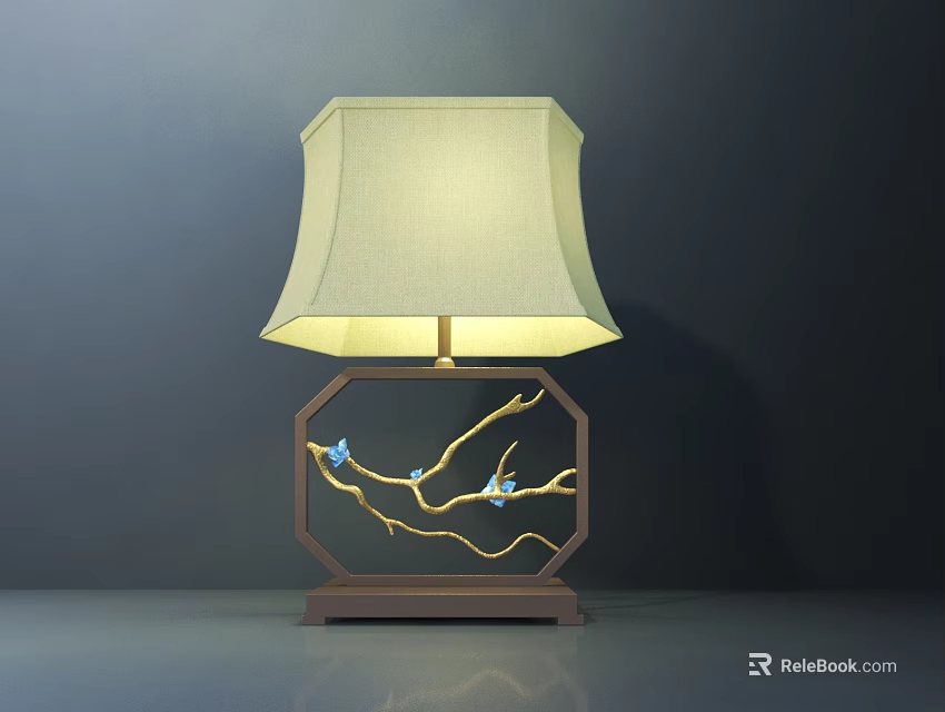 Elegant Table Lamp With Beige Fabric Shade Wooden Octagonal Base And Blue Bird Branch Decor 3d model 