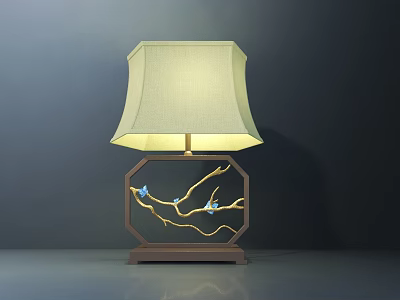 Elegant Table Lamp With Beige Fabric Shade Wooden Octagonal Base And Blue Bird Branch Decor 3d model