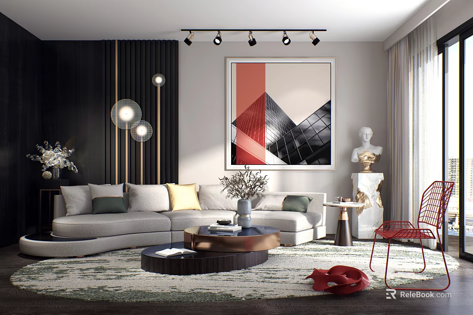 Modern Living Room Sofa and Coffee Table Set with Gray Upholstery Artwork Red Accent Chair 3d model 