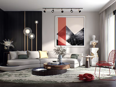 Modern Living Room Sofa and Coffee Table Set with Gray Upholstery Artwork Red Accent Chair 3d model