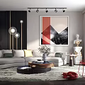 Modern Living Room Sofa and Coffee Table Set with Gray Upholstery Artwork Red Accent Chair
