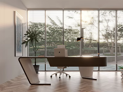Modern Office Desk With Large Windows Blinds Green Plant Chair Desk Lamp And Wooden Floor 3d model