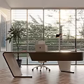 Modern Office Desk With Large Windows Blinds Green Plant Chair Desk Lamp And Wooden Floor