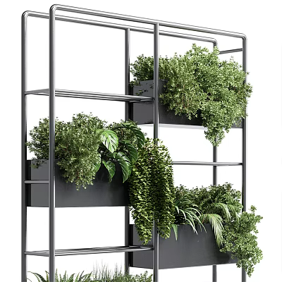 Modern Multi Tiered Metal Shelf With Lush Bonsai Potted Plants And Green Foliage 3d model