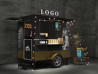 Stylish Mobile Food Cart With Logo Specialty Sign String Lights And Menu Board 3d model