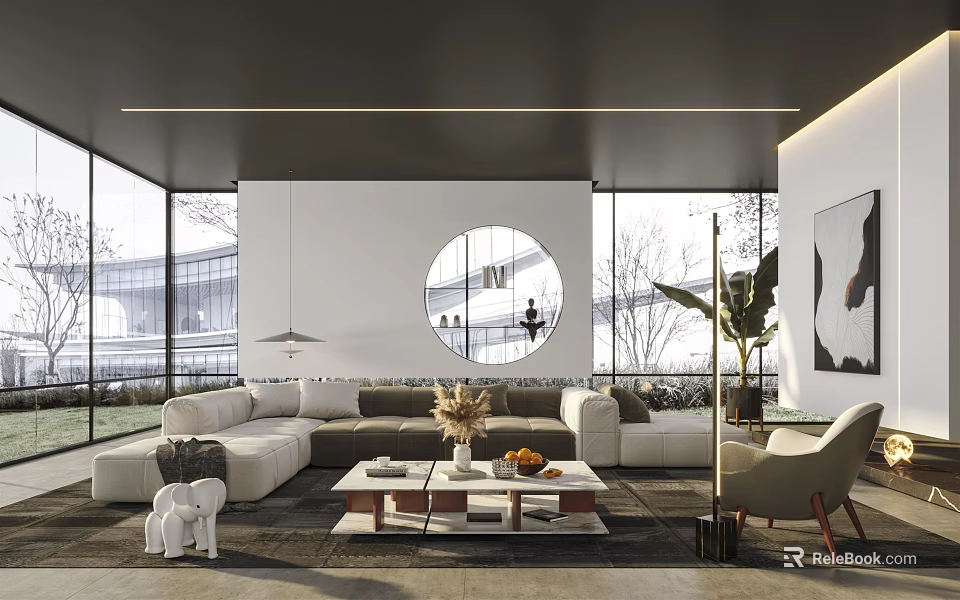 Modern Living Room Interior With Round Mirror Large Windows Light Colored Sofa And Plants 3d model 