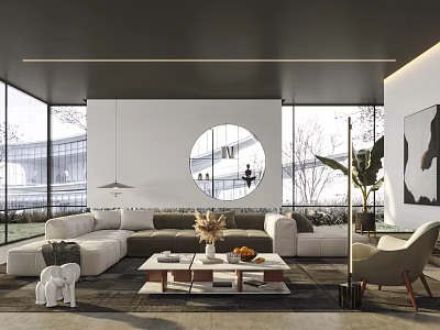 Modern Living Room Interior With Round Mirror Large Windows Light Colored Sofa And Plants 3d model