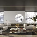 Modern Living Room Interior With Round Mirror Large Windows Light Colored Sofa And Plants