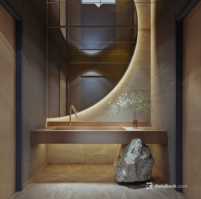 Modern Public Restroom Interior With Stylish Sink Mirror Plant And Stone Decoration 3d model 