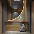 Modern Public Restroom Interior With Stylish Sink Mirror Plant And Stone Decoration
