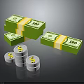 Stacked Green 100 Dollar Bills With Yellow Bands And Coin Stacks