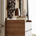 Modern Entryway Shoe Cabinet With Coat Hooks Plaid Scarf Table Lamp And Shoes