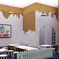 Kindergarten Classroom Interior With Tom and Jerry Poster Tables Chairs Toys and Hanging Lamps