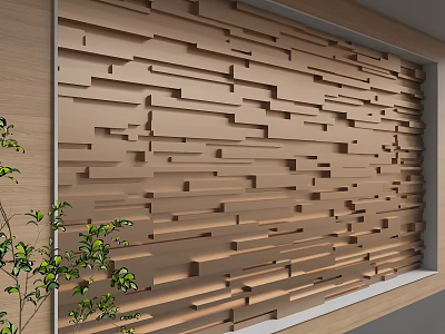 3D Wooden Texture Background Wall With Geometric Arrangement And Green Plant Accents 3d model