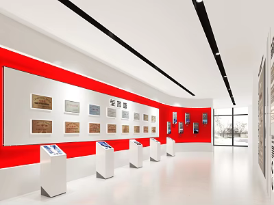 Modern Exhibition Hall Interior Design With Red Walls Exhibits And White Display Stands 3d model