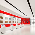 Modern Exhibition Hall Interior Design With Red Walls Exhibits And White Display Stands