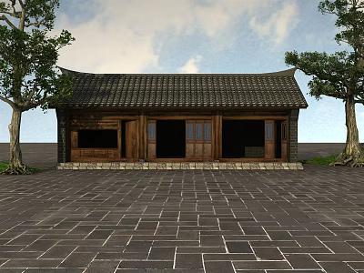 Traditional Chinese Ancient Architecture Featuring Black Tiled Roof Wooden Structure Stone Paved Ground And Trees 3d model