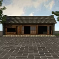Traditional Chinese Ancient Architecture Featuring Black Tiled Roof Wooden Structure Stone Paved Ground And Trees