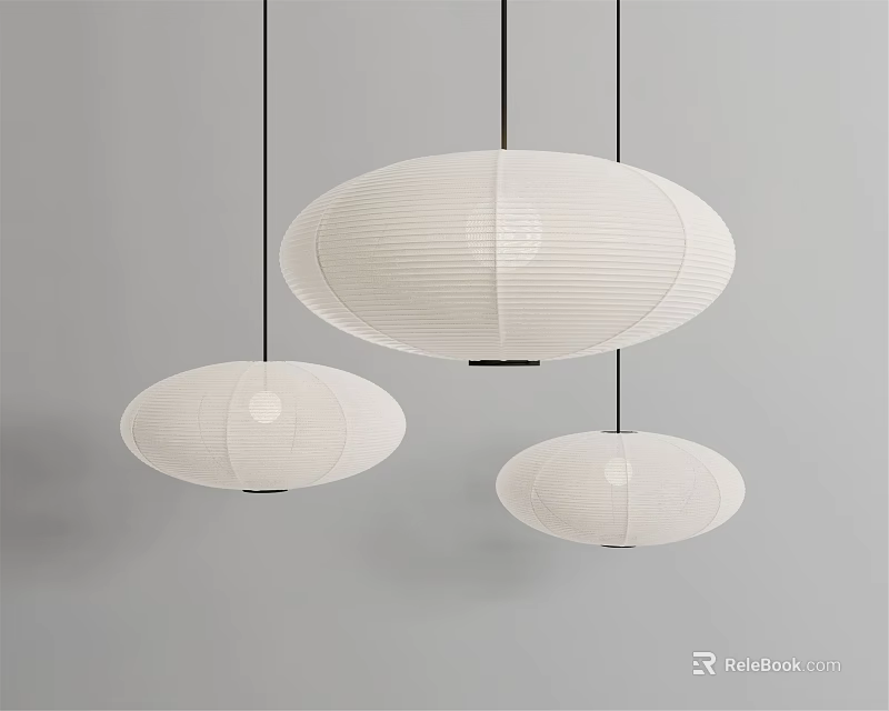 Three White Minimalist Pendant Lights With Paper Shades Hanging Oval Shapes Gray Background 3d model 