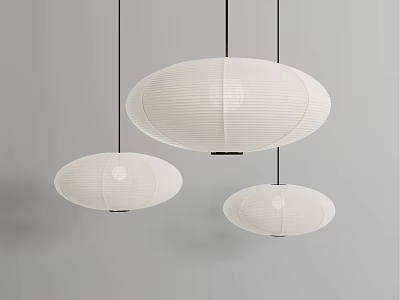 Three White Minimalist Pendant Lights With Paper Shades Hanging Oval Shapes Gray Background 3d model