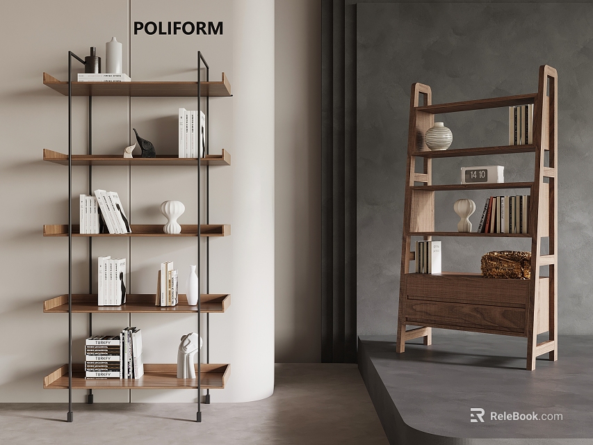 POLIFORM Modern Shelving Units With Wooden Shelves Metal Frame Books And Decorative Items 3d model 