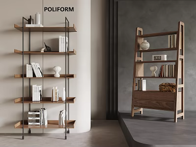 POLIFORM Modern Shelving Units With Wooden Shelves Metal Frame Books And Decorative Items 3d model
