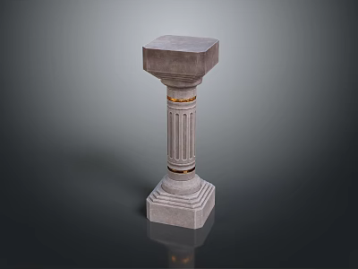 Classical Gray Stone Column With Base Pedestal Fluted Shaft And Gold Accent Ring 3d model