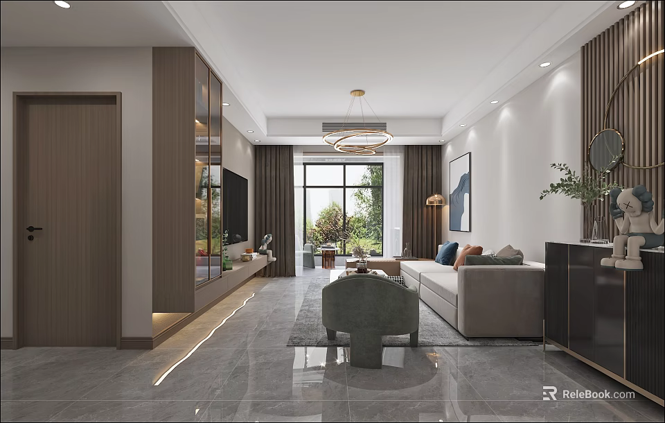 Modern Living Dining Room Interior With Chandelier Large Window Sofa And Decorative Plant 3d model 