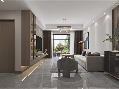 Modern Living Dining Room Interior With Chandelier Large Window Sofa And Decorative Plant 3d model