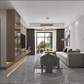 Modern Living Dining Room Interior With Chandelier Large Window Sofa And Decorative Plant