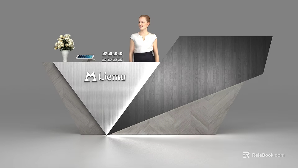Modern Geometric Reception Desk With Miemu Logo Flower Vase And Menu Sign 3d model 