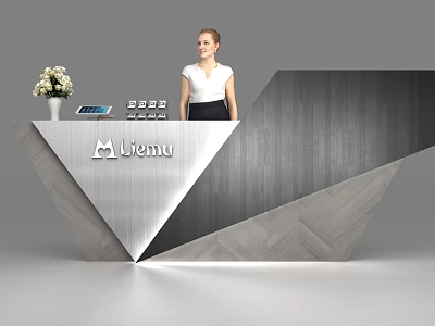 Modern Geometric Reception Desk With Miemu Logo Flower Vase And Menu Sign 3d model