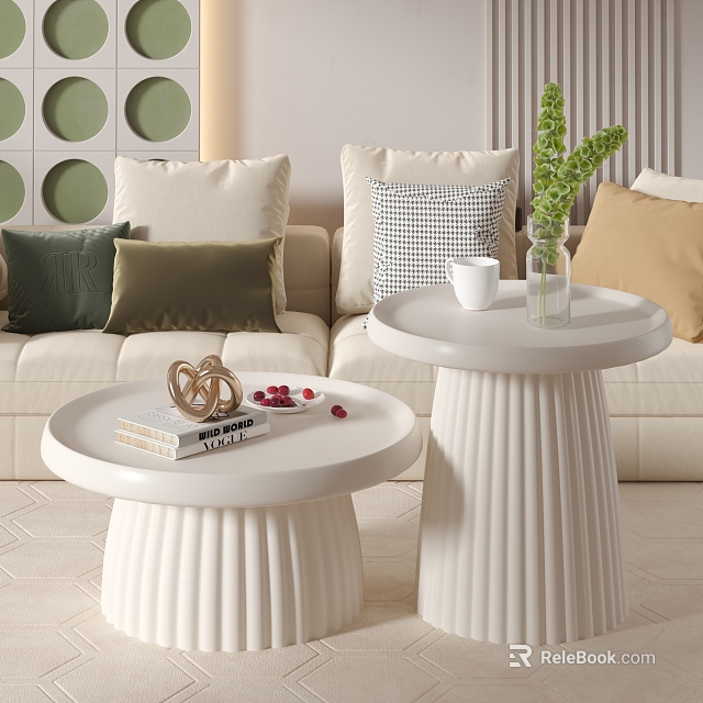White Coffee Tables With Ribbed Bases Books Gold Decor Red Berries In Modern Living Room 3d model 